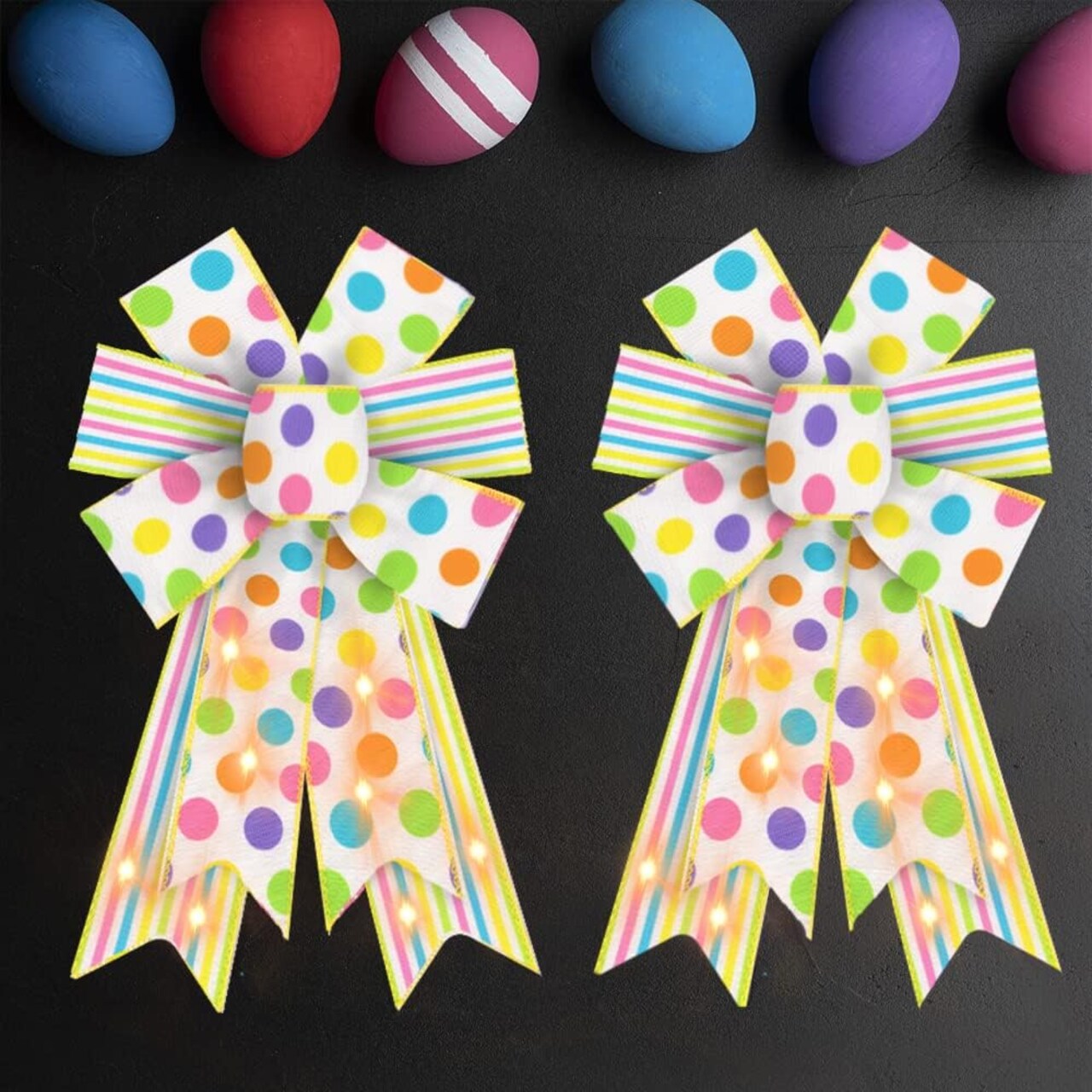 2 PCS LED Easter Bows for Wreath, Happy Easter Wreath Bows with LED Light White Yellow Burlap Ribbon Bow LED Holiday Spring Dots Gift Bows for Front Door Easter Party Decorations Supplies